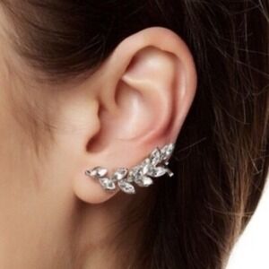 T+J Designs Silver Tone Crystal Leaf Ear Climber & Stud Earring Set *NEW*